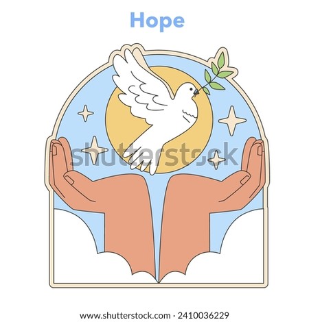 Hope concept illustration. Open hands releasing a dove, the universal symbol of peace and goodwill, against a dawn sky. Emblematic of spiritual freedom and faith. Flat vector illustration Royalty-Free Stock Photo #2410036229