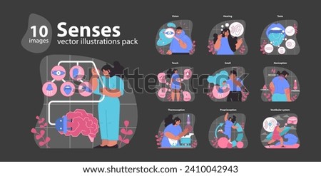 Senses set. Human sensory organs and functions. Interaction of smell, taste, touch, vision, hearing, and balance. Central nervous system connection. Flat vector illustration.