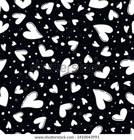 Black and white seamless pattern with hand drawn hearts and dots.Silhouettes of various shapes with lines are arranged randomly.Vector abstract  background or texture for printing on fabric and paper.