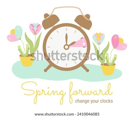 Spring forward, set your clocks ahead one hour. Daylight saving time begins. Alarm-clock with hand points onward. DST starts in USA for banner. Summertime Flat floral design vector illustration.