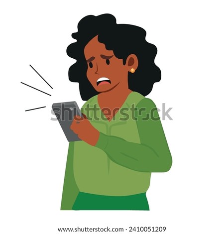 Shocked Black woman looks at mobile phone with fear and anxiety. African American girl looks at her smartphone with amazing expression. Business character vector illustration