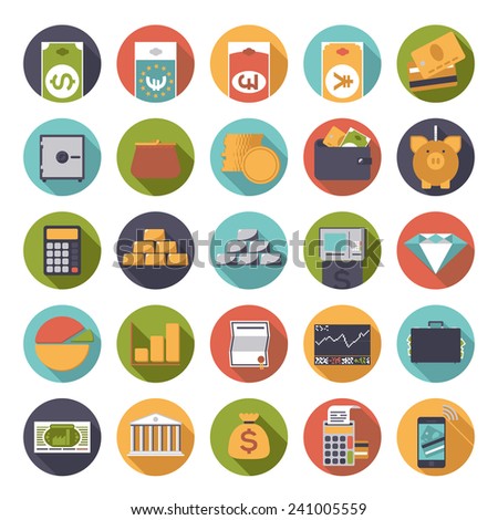 Flat Design long shadow Money and Finance Round color Icons Collection. Set of 25 financial business related icons in circles.