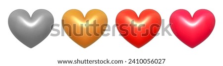 Colorful 3d realistic glossy heart symbols on white. Happy Valentine's day clip art for banner or letter template. Vector illustration