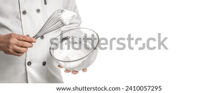 Chef cooking meringue. Whipped egg whites on mixer whisk. bowl of beaten eggs whites isolated on white, Baking concept, Long banner format. top view. Royalty-Free Stock Photo #2410057295