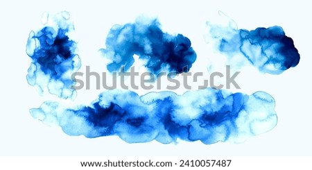 Set of blue watercolor textures, washes, spots. Liquid abstract ink backgrounds. Soft sky, clouds, water imitation.