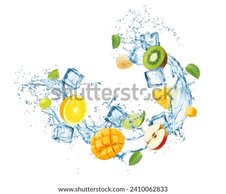 Circle water drink splash with fruits and ice cubes for multifruit juice, realistic vector. Orange, mango, apple and kiwi with pineapple, lime and banana fruit mix in splashing swirl of water pour