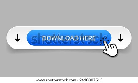 3D blue download button icon. Upload icon. Down arrow bottom side symbol. Click here button. Save cloud icon push button for UI UX, website, mobile application. Royalty-Free Stock Photo #2410087515