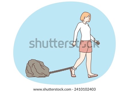 Businesswoman walking with burden on leg suffer from work duties and tasks. Unhappy female employee going with rock on foot struggle with hatred job. Vector illustration. Royalty-Free Stock Photo #2410102403
