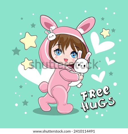 Cute cartoon anime girls and bunny on a mentol background. Anime Vector illustration print for kids. Funny rabbit