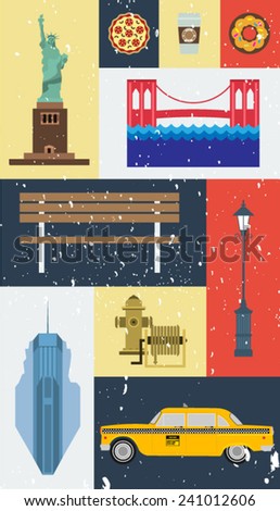 Grunge vector New York city street icon set. A set of New York symbols and landmarks.