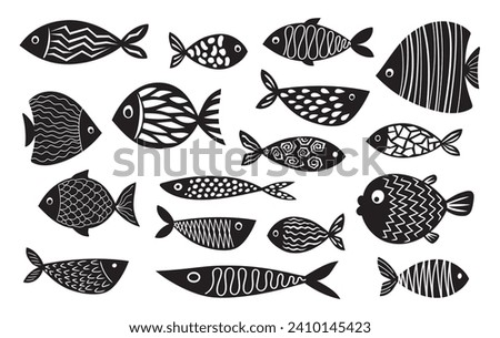 Set of fun and cute black and white fish. Vector illustration