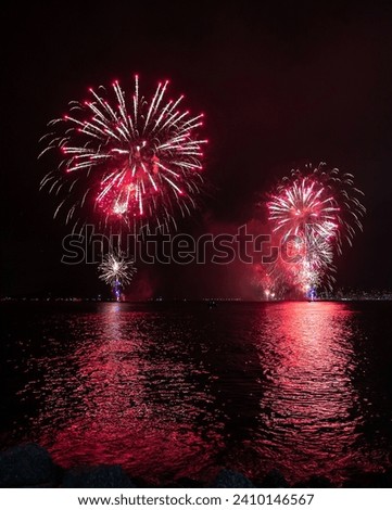 Traditional New Year 2024 celebration on the beaches of Santos, Brazil. One of the biggest pyrotechnic shows in Brazil.