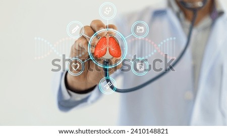 Doctor use stethoscope checkup lung health,respiratory disease,lung cancer,bronchitis,Bronchial Asthma,Tuberculosis,pneumonia,asthma,air pollution pm2.5.insurance and hospital.world no tobacco day Royalty-Free Stock Photo #2410148821