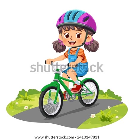 Happy little girl wearing helmet riding bicycle and smiling cycling along the path in the park. Vector illustration isolated on white background