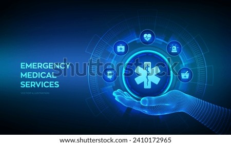 Emergency medical services icon in wireframe hand. Online medical support. Medicine and healthcare application. Emergency service concept on virtual screen. Vector illustration.