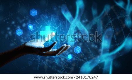 Hand holding.Healthcare and medical icon pattern innovation digital technology technology background. Medical, science and technology concepts. Abstract futuristic design.