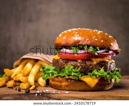 Tasty burgers on wooden table and french fries