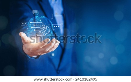 Ai tech, businessman show virtual graphic Global Internet connect Chat with AI, Artificial Intelligence. using command prompt for generates something, Futuristic technology transformation.
