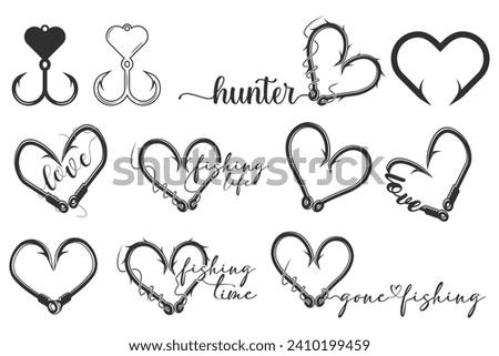 Heart-shaped Fishing Hook Bundle, Romantic Fishing Hook Design, Fishing Love typography Bundle, Fisherman's Love, Fishing Hook Art,