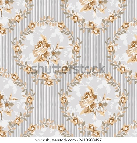 Shabby chic rose seamless pattern on lined background. Vector illustration. A beautiful seamless repeat for bed sheet with floral ornament. Rose flowers and leaves with baroque pattern. Royalty-Free Stock Photo #2410208497