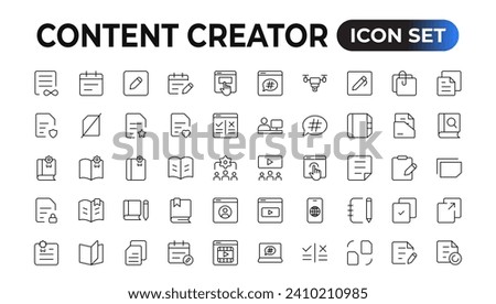 Set of outline icons related to content creation, media. Linear icon collection. Editable stroke. Vector illustration
