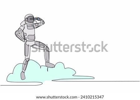 Single one line drawing young astronaut on cloud holding binocular to search for spaceship business innovation projection. Cosmic galaxy space. Continuous line draw graphic design vector illustration
