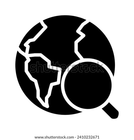 Global search black glyph icon. Exploring Earth. Find information. World research. Internet browsing. Data analysis. Silhouette symbol on white space. Solid pictogram. Vector isolated illustration