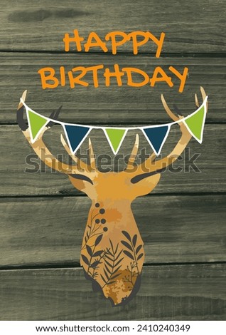 Composite of happy birthday text over deer and bunting on wooden background. Birthday, party and celebration concept digitally generated image.