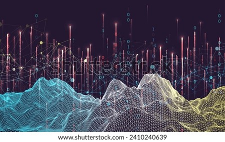 Big Data. Abstract digital futuristic wireframe vector illustration on technology background. Data mining and management concept. Hand drawn art. Royalty-Free Stock Photo #2410240639