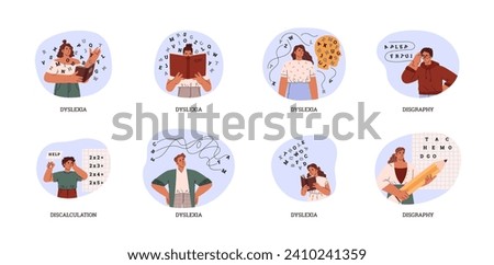 Difficulties learning, dysgraphia and dyslexia concept. Young women and men difficulty in reading, writing, calculating vector set. Disappointed students with scattered letters above his head and book Royalty-Free Stock Photo #2410241359