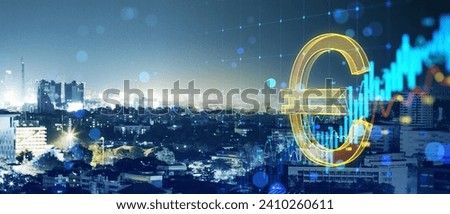 Growing forex chart arrow and euro on blurry wide night city background. Financial growth, money and success concept. Double exposure
