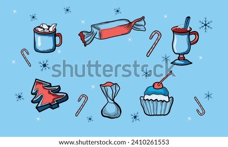 Savor the sweet delights of winter with our festive candy and beverages clip art. Indulgent hot cocoa mugs adorned with marshmallows, whimsical candy canes, and delightful winter treats come to life.