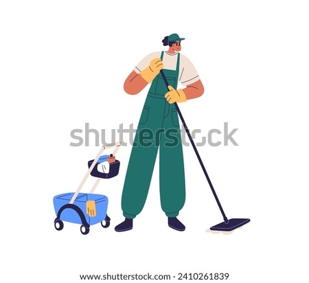 Cleaner washing floor with mop, bucket. Professional worker from cleaning service. Cleanup, wet janitorial, housework for clean home. Flat graphic vector illustration isolated on white background