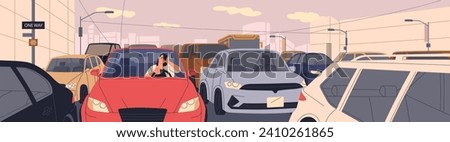 Traffic jam, rush hour problem in city. Sad driver stuck in car on busy road on way from work. Auto transport congestion. Slow speed driving, braking, waiting in automobile. Flat vector illustration Royalty-Free Stock Photo #2410261865