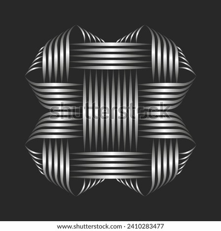 Intertwined pattern logo square shape 3d effect, overlapping parallel thin lines metallic gradient, silver striped ribbons, creative decoration emblem for fashion boutique.