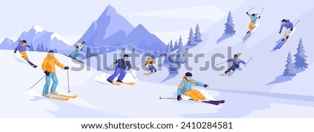 Group of sliding professional skier in warm sport suit with googles. Extreme downhill. Scenic picturesque mountain landscape. Winter holiday resort and vacation. Vector illustration Royalty-Free Stock Photo #2410284581