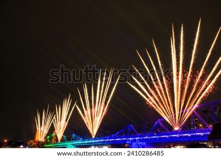 Picture of illumination and fireworks at Memorial Bridge in APEC 2022, Chao Phraya River, Phra Nakhon, Bangkok, Thailand