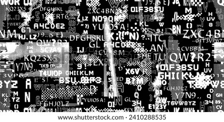 Glitch distorted abstract words . Seamless pattern texture. Pixel fonts .Screen print endless pattern texture