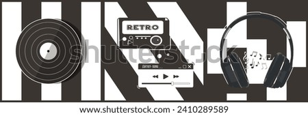 Set of modern creative clip art with retro devices, turntable, vinyl, headset, headphones, Vintage concept. Flat design, black and white design