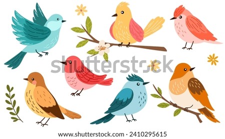 Spring birds set. Different beautiful birdie with flowers and branch. Vector cartoon illustration in childish style isolated on white.