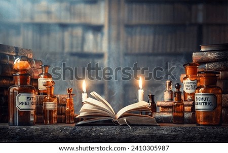 Glass bottles, old books on table of a scientist. Medicine, chemistry, pharmacy, apothecary, alchemy history background.  Occultism, astrology, alchemy, magic, witchcraft, old science banner.