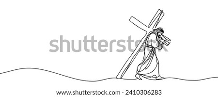 drawing of jesus christ carrying the cross drawn continuous line. Vector illustration Royalty-Free Stock Photo #2410306283