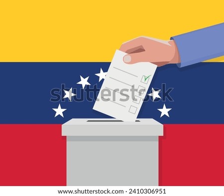 Venezuela election concept. Hand puts vote bulletin into vote box. Royalty-Free Stock Photo #2410306951