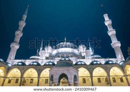 Sultanahmet Camii or Blue Mosque view at night. Ramadan or islamic background photo. Royalty-Free Stock Photo #2410309467