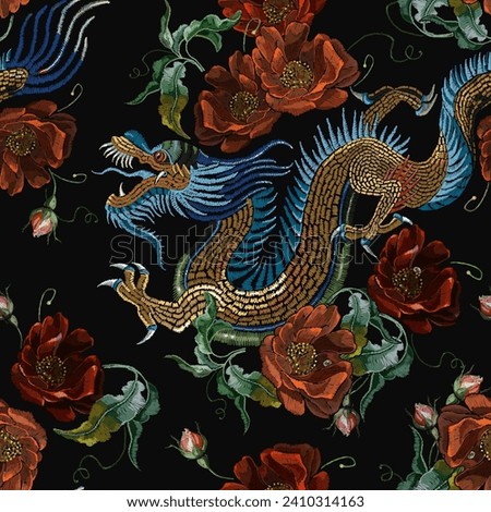 Embroidery chinese dragons and red roses flowers seamless pattern. Asian style. Clothes, textile design template