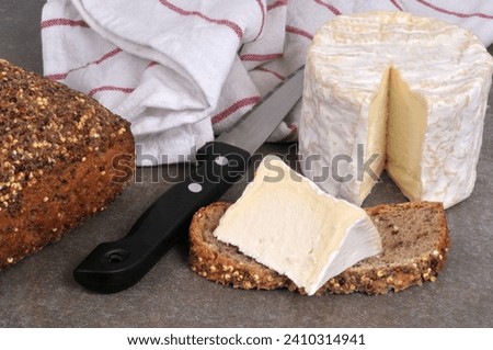 Piece of Chaource on a slice of seeded bread with a knife close-up
