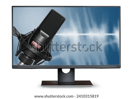 Microphonee with podcast logo in computer monitor isolated on white