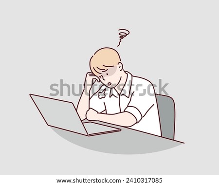 A tired worker is sitting at the table. Hand drawn style vector design illustrations. Royalty-Free Stock Photo #2410317085