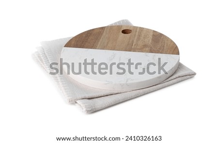 Cutting board and kitchen towel isolated on white