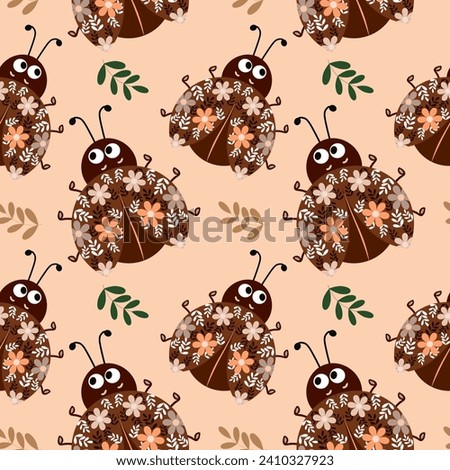 Seamless pattern, cute ladybugs in flowers on a gentle background. Baby background, print, textile, vector